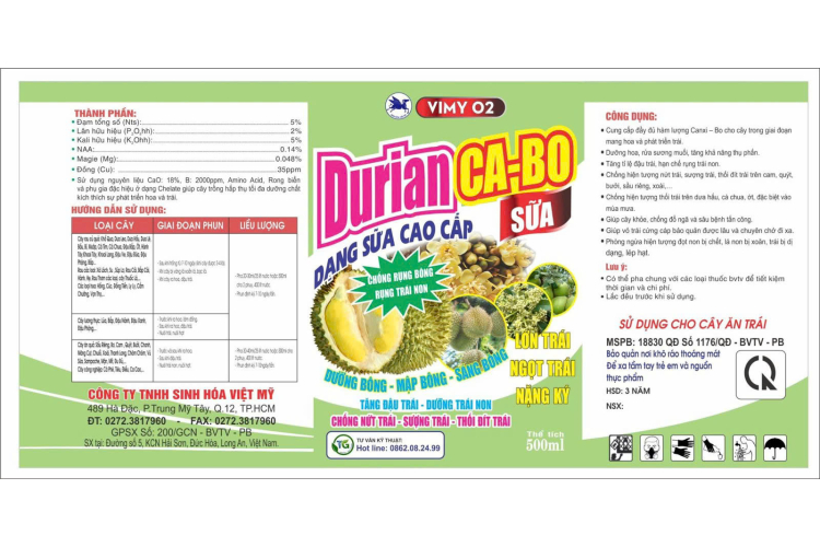 VIMY O2 DURIAN CA-BO SỮA 500ML